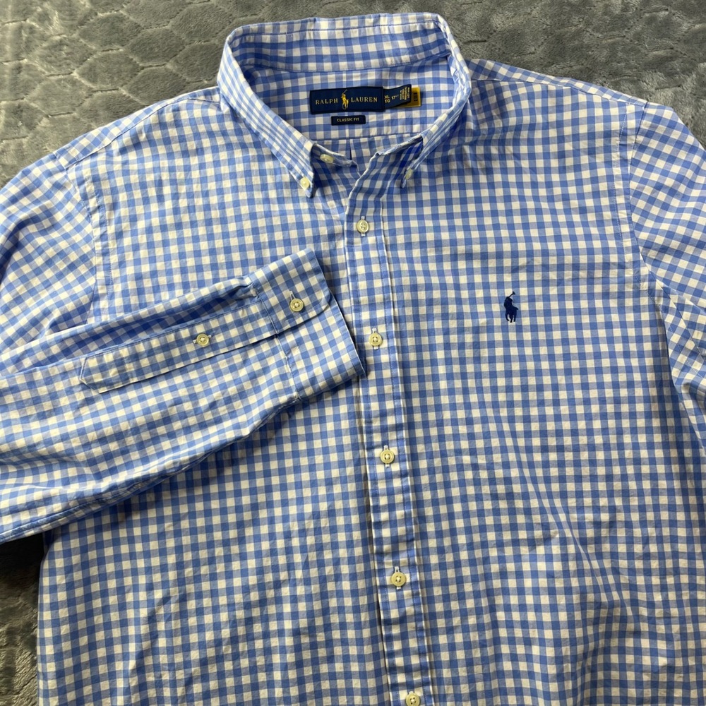 Ralph Lauren Button Down Shirt Mens XL Blue White Gingham Classic Fit Stretch